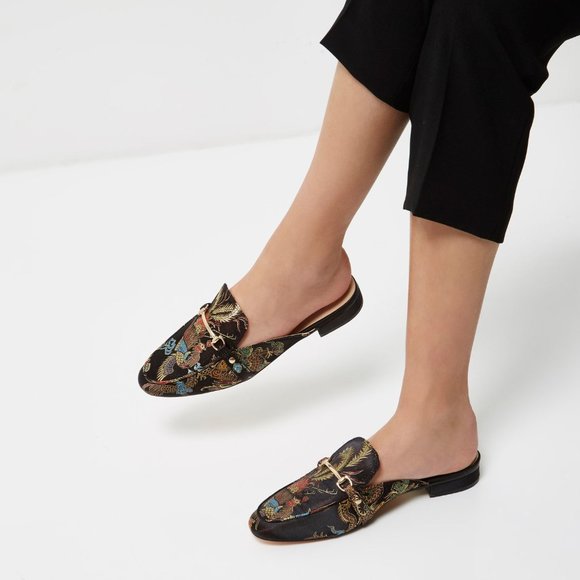 River Island Shoes - River Island Black printed satin backless loafers